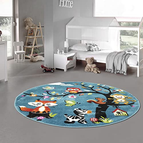 Kinderzimmer-Teppich mit verschiedenen Tiermotiven | pflegeleicht | in blau, 120 cm rund