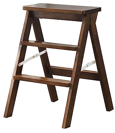 Foldable Ladder Kitchen High Bench Wooden Step Stool Three-step Ladder Rubber Wood Material (Color : A, Size : 63CM)