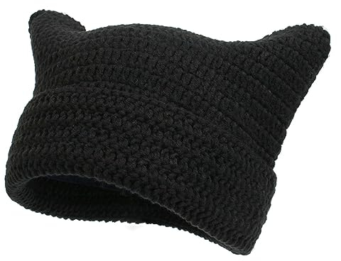 Freebily Gestrickt Wintermütze Niedlich Strickmützen Gestreifte Katzenohren Beanies Wintermütze Kopfbedeckung Damen Mädchen Geschenk Schwarz One Size