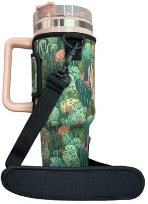 Drink Handlers 40oz Tumbler Holder - Neoprene Coffee & Tea Sleeve w/Handle - Insulated Cover & Water Resistant Beverage Holder for Large to XL Tumblers, Handler Sleeve, Coral Cactus