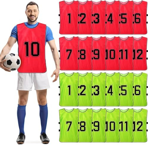 Lot de 24 gilets d'entraînement numérotés réversibles - Pour football, basket-ball, football, Vert, rouge., Aldult