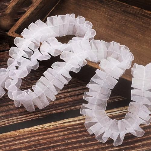 TUKEVA Spitzenband Gerafftes 13 m langes 2,5 cm Breite Spitzenborte Plissierter Plissee Organza Spitzenband Elastizität Plissierte Spitze für DIY Nähen Handwerk Hochzeit Deko Scrapbooking (Weiße)
