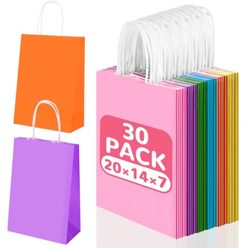 Williyatt 30 Stück Papiertüten mit Henkel, Bunte Geschenktüten, Papiertüten Kindergeburtstag in 6 Farben, Mitgebsel Tüten, zum Kindergeburtstag, Hochzeit, Giveaways, Party 20×14×8cm
