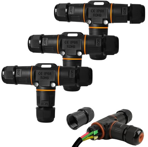 Connettore per cavo impermeabile IP68, 3 connettori per cavo a 3 pin, scatola di distribuzione a forma di T, manicotto di collegamento, impermeabile, per diametro del cavo da 3 a 12 mm