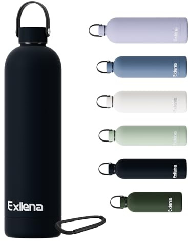 Exllena Gourde Isotherme 1l avec Poignée Pratique - Bouteille Isotherme avec 24 Heures de Conservation au 24h Froid/12h Chaud, Revêtement Anti-Dérapant - Étanche Sans BPA (Noire)
