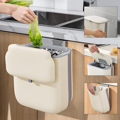 Accmuzzy Faltbarer Camping Mülleimer 10L mit Deckel, Mülleimer Hängend für Küche, Wandmontage Klappbar Küchemülleimer für Wohnmobil, Schlafzimmer (Creme)