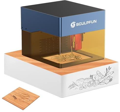 SCULPFUN iCube Pro Max 10W Lasergravierer Laserschneider mit Rauchfilter und Temperaturalarm, 10000mm/min Hochgeschwindigkeits Gravur, halboffene Struktur für DIY, unterstützt Win/Mobile, 120x120mm
