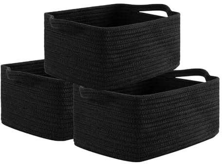 Meision Aufbewahrungskorb Klein 33cm(Schwarz), Aufbewahrungskorb für Kinder mit Verstärkter Griffen, Faltbare Korb Geflochten Baumwollseil für Kinderzimmer Badezimmer Abstellraum, 3 Stück