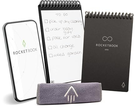 Rocketbook Mini Blocco note riutilizzabile, taccuino tascabile 8,9 x 14 cm, nero - 48 pagine a puntini, con app, cancellabile, ideale per liste e appunti veloci ovunque