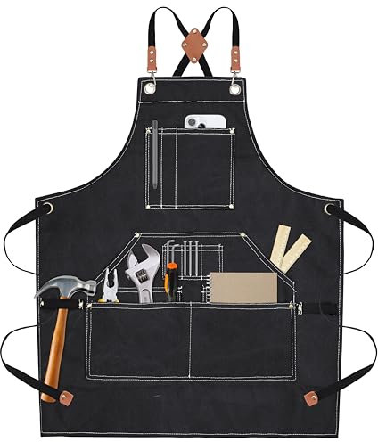 Yxiang Black Handmade Work Apron with 11 Tool Pockets, Heavy Duty Waxed Canvas Workshop Tool Aprons Woodworking Apron for Men Women