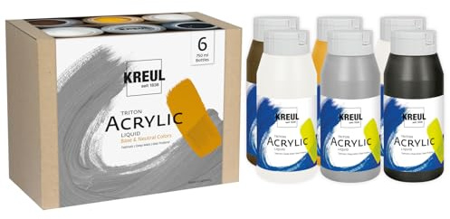 KREUL 17798 - Triton Acrylic Liquid Set Base und Neutral Colors 6 x 750 ml, Technikset mit hochwertigen Künstler-Acrylfarben für Untermalungen, Skizzen sowie zum Aufhellen, Abdunkeln und Grundieren