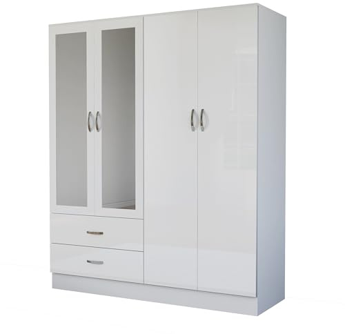 Nera High Gloss 4 Door Wooden Wardrobe with Mirror and Drawers for Bedrooms Storage (Gloss White(Matt White))