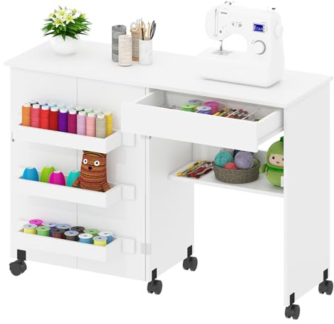 Nähtisch Klappbar, 2-in-1 Nähmaschinentisch, Nähmaschinenschrank mit Offenen Ablagefächern und Rollen, Nähschrank Basteltisch, Mehrzwecktisch für Wohnzimmer Arbeitszimmer Schlafzimmer Braun (Weiß)