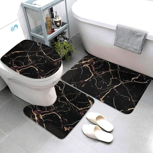 3 Piezas Juego De Alfombra De Baño Mármol Negro Dorado Juego De Alfombrillas De Baño Antideslizantes Imprimir Alfombras De Cama, para Dormitorio, Cocina, Bathroom