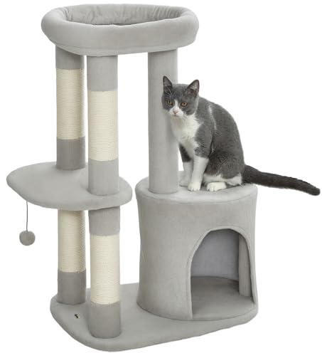 PawHut Árbol para Gatos 90 cm con Rascadores para 1-2 Gatos Gris Claro | Torre de juego, Plataforma, Casita, Pelota colgante, Tela de peluche, Multinivel