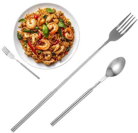 Sibba 2 tenedores extensibles telescópicos de 65 cm de largo, de acero inoxidable, tenedor telescópico, cuchara, cucharilla, cucharilla de café, tenedores de postre, tenedores de extensión, tenedores