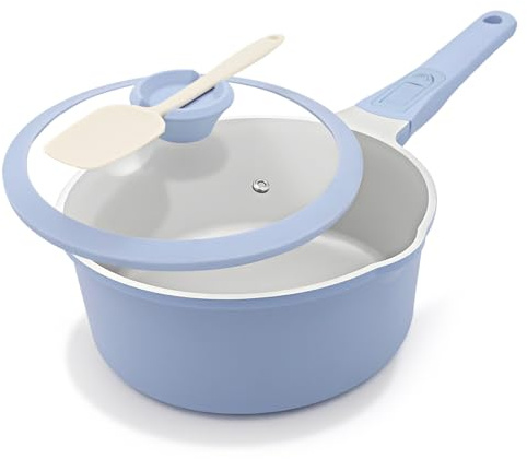 Keramik Stielkasserolle 20 cm mit Deckel, 2.5L Antihaft-Keramikbeschichtung Kasserolle mit Abnehmbarer Griff, Geeignet für alle Herdarten, PTFE-und PFOA-Frei（Blau-grau)
