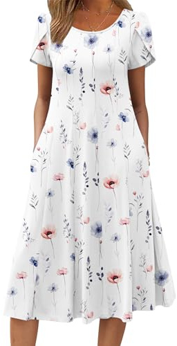 Zeagoo Robe Femme Estivale Casual Manches Courtes avec Poches A‑Line Robe Midi Légère Élégante pour Printemps Été S-XXL