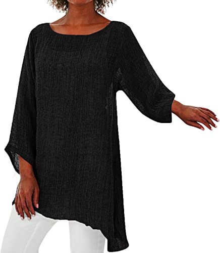 Damblus bomull rund hals - dam linneskjorta asymmetrisk tröja avslappnade toppar blus enfärgad toppar långa ärmar blusar tunna toppar höst T-shirt andningsbar chic klänning lösa toppar lös T-shirt