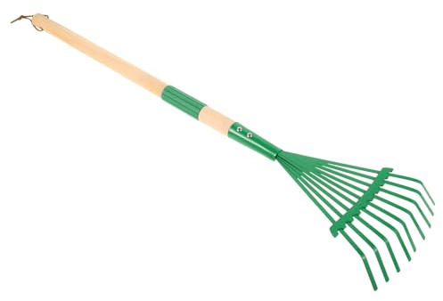 YARNOW Rastrillo de Jardín Desmontable para Pequeños con Mango de Madera, Herramienta de Hierro Verde para Césped y Hojas, Juguete de Jardinería al Aire Libre para Actividades Infantiles