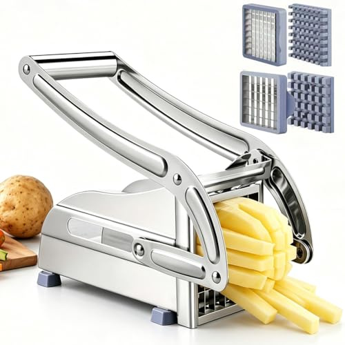 DASIAUTOEM Pommesskärare, potatisskärare rostfritt stål, pommespress-skivor med 2 bladstorlekar, pommes skärarenhet med halkfri gummibas, pommes maskin, varmluftsfritös