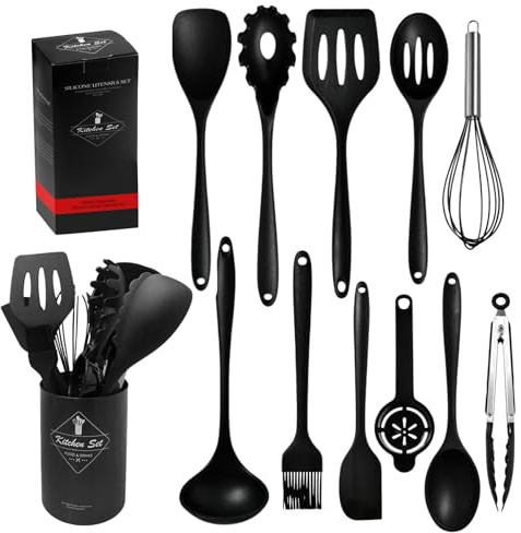 ROEOWENE 12pcs Set Ustensiles de Cuisine Silicone Résistants à la Chaleur Inclut Spatule, Fouet et Cuillère pour Cuisine et Pâtisserie Set de Couverts de Cuisines Accessoires Ustensiles avec Support