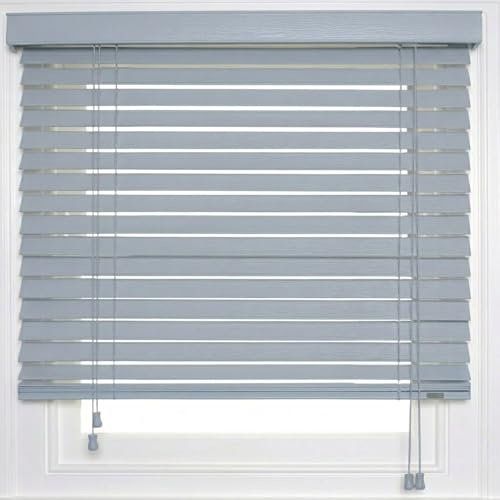 Rehan & Co Faux Wood Window Venetian Blinds Grey String Blinds Embossed 50mm Slats TRIMMABLE Easy Fit Home Office Windows Blind (114W x 150H cm)
