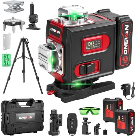 ONEVAN Laser Level with Tripod Self Leveling, 360° 4D 16 Lines Green Laser | ±3° Self Levelling, App & 30m Remote Control, LCD Indicator, with 2x4800mAh Batteries, for Mounting, Tiling and Flooring