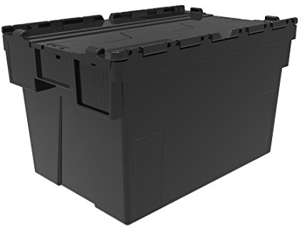 10 x Attached Lidded Plastic Box 65 Litres - Recycled Plastic Storage Box Container Crate Tote with Tessellated Lid Design - Loadhog Attached Lid Box