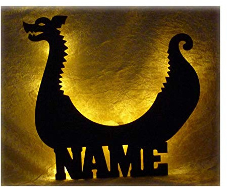 Namofactur personalisierte Wandlampe Wikinger-Schiff aus Holz mit LED | Mit Wunschname – als Tür- oder Namensschild und zur persönlichen Raumgestaltung in Wohn-, Schlaf- oder Kinderzimmer