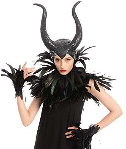 Spooktacular Creations Black Evil Queen Zubehör Set mit Horn, Federschal und Federmanschette für Halloween Cosplay Party Gothic Krähe Kostüm Dress Up