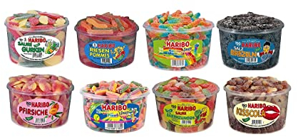 8 Dosen (10,2 Kg) Haribo Sauer / Salzig / Süß Saure Gurken, Riesen Pommes, Rainbow Wummies, Salzbrezel, Rainbow Pixel, Pfirsiche, Bärenzungen und Kiss Cola