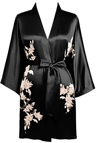 BABEYOND Vestaglia kimono corta in raso con stampa floreale, lunghezza al ginocchio, kimono da donna, per matrimoni, pigiama e feste, Nero , Taglia unica