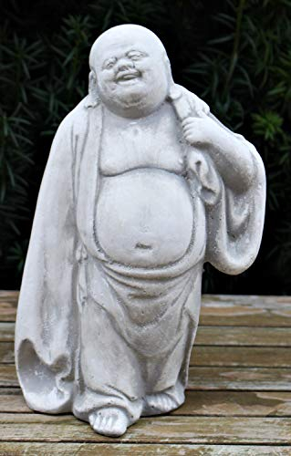 JS Garten Deko Beton Figur Statue Lachender Buddha H 27 cm gehend Dekofigur und Gartenskulptur für den Innen- und Außenbereich