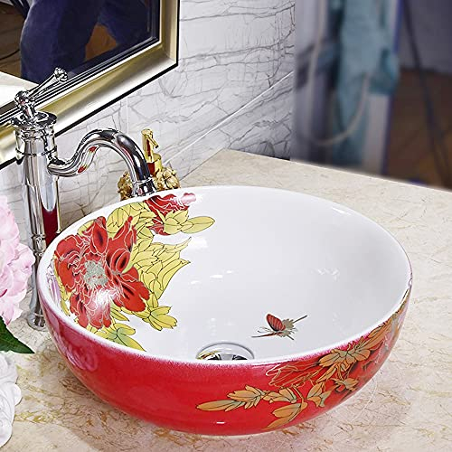 ALYHYB Blumenform Vordruck Kunst waschen Keramikbecken, runde Pfingstros rotes kreatives keramisches Waschbecken, Badezimmerschiffe mit Blumen-Design, nur EIN Spüle