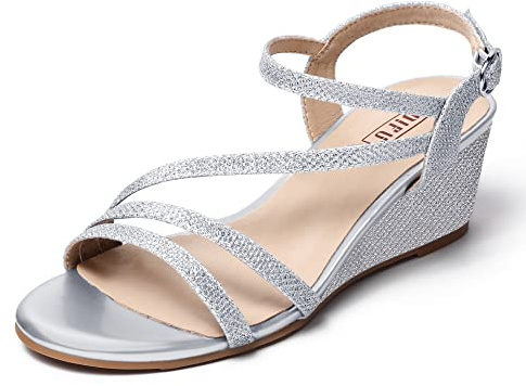 IDIFU Women's Wedge Heel Sandal Dress Low Strappy 2 Inch Open Toe Wedding Bridal Shoes for Woman Ladies Evening Formal(Silver Glitter, 7.5 M US)
