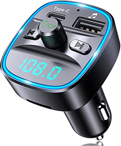 RIWUSI Bluetooth V5.0 FM Transmitter for Car, Type-C PD 20W Quick Charging Bluetooth Car Adapter with Hands-Free Calling, Wireless FM Radio Receiver Music Player Kit Support SD Card & USB Disk