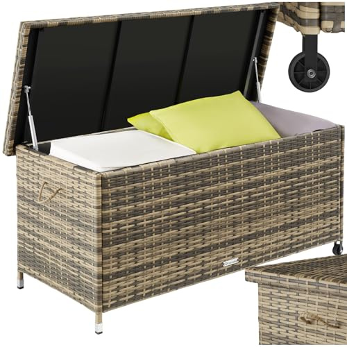 tectake® Coffre de jardin Exterieur, Coffre à Coussins 270 L en Aspect Rotin 120x55x61,5cm avec Roulettes, Couvercle Rabattable, Poignées pour Rangement des Outils de Jardin, Matelas, Jouets