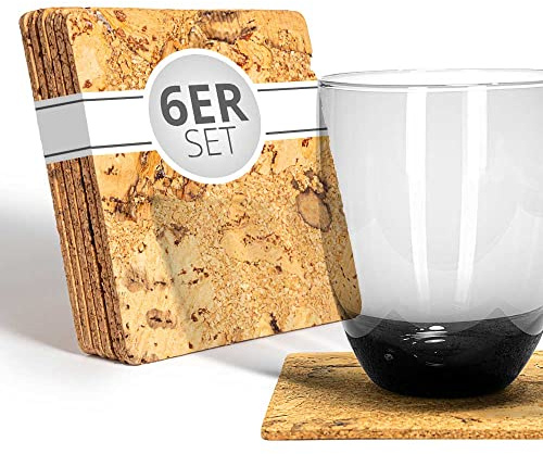 Tuuters Korkuntersetzer für Gläser 6 Stück (9 x9 cm) eckig quadratisch | Aus Naturkork mit natürlichem Muster, 3 mm dick, aus Portugal, Untersetzer für Glas, Tasse, Kaffee - Kork Bierdeckel