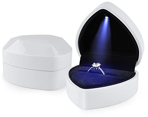 Hileyu Ring Box With Led Light Jewellery Gift Box Engagement Creative Diamond Heart Shaped Ring Box Wedding Ring Case For Proposal Engagement Wedding (White)
