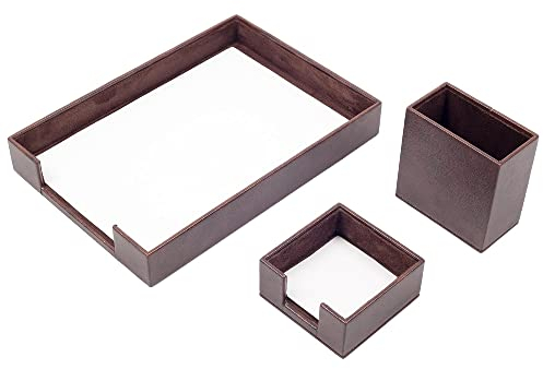 MOOGCO Dokumentenablage aus Leder – Stifthalter – Notizpapierhalter – 3 Zubehörteile – Schreibtisch-Organizer – Büro-Schreibtisch-Zubehör – Schreibtisch-Aufbewahrung – 3 Stück (Brown)