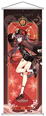 1 x Genshin Impact Scroll-Poster Wandbehang geschmiedetes Tuch Malerei Dekor Wohnzimmer Schlafzimmer Kunstdruck 70 x 25 cm (Hutao)