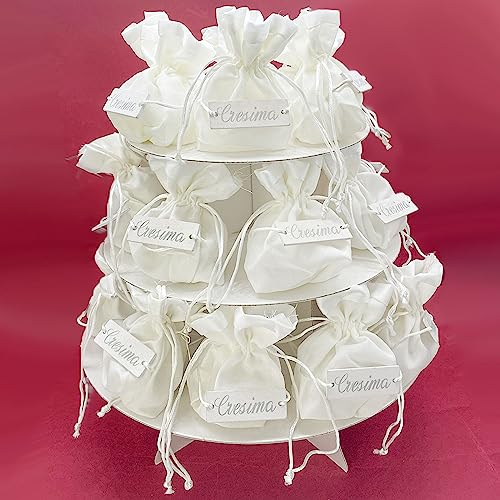 Doni Bomboniere Alzata in Cartone Bianco con sacchettini portaconfetti in Cotone Bianco, con la terghetta Cresima per confettate Sacramento Sia per Bambina Che Bambino (24 pz)