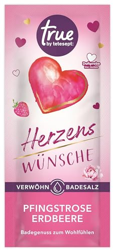 tetesept Herzenswünsche Verwöhn-Badesalz – Veganer Badezusatz duftet nach Pfingstrose und Erdbeere – Wohltuender Badegenuss mit ätherischem Öl – 10 x 50 g