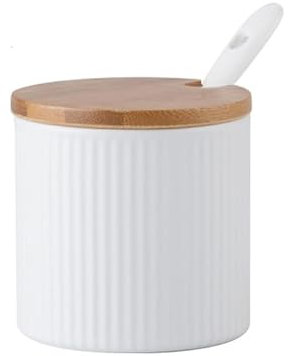 YORROR Azucarero de cerámica blanca con tapas de bambú, cuchara de porcelana, tarro de condimentos de porcelana de 300 ml, tarro de especias, tarro de condimentos, cuenco de sal y miel para el hogar