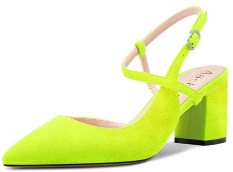 Aachcol Mujer Chunky Ancho Medio Heel Puntiaguada Punta Pumps Correa Tobillo Slingback Cierre con Hebilla Baile Dress Clásico 6.5 CM Heels Verde Lima 42 EU
