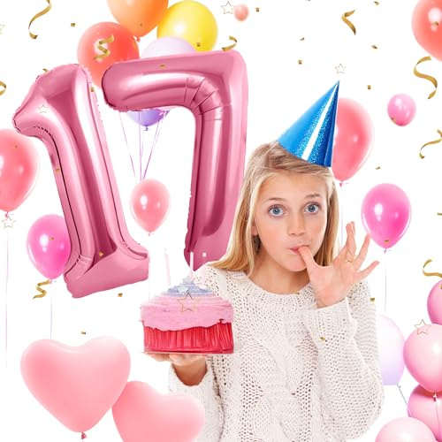 Geburtstag zahlen luftballon 17 jahre | Folienballon Rosa- Folienballon in 40-101cm Geburtstagsdeko - Ballon Zahl Deko zum Geburtstag fliegt mit Helium für Mädchen Junge 17.Geburtstags
