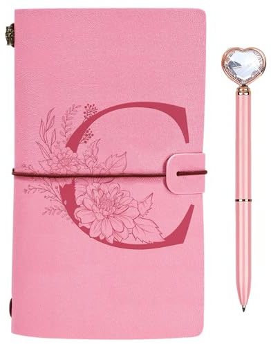 Initialen PU Leder Notizbuch mit Stift, Rosa Nachfüllbar Tagebuch für Frauen Mädchen, Reisetagebuch Skizzenbuch Notebook Geschenk für Freundin Schwestern Lehrer Abschluss Geburtstag Weihnachten C