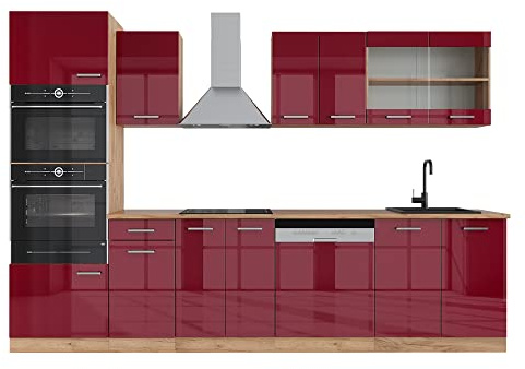 Vicco Küchenzeile R-Line, Rot Hochglanz/Goldkraft Eiche, 300 cm mit Hochschrank, AP Eiche, zur individuellen Erweiterung durch kompatible Zusatzmodule