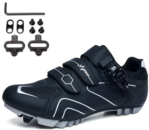 SDEQA MTB Schuhe, Moutntain Fahrradschuhe Herren Damen kompatibel mit SPD 2 Schrauben mit Cleats Radschuhe Mountainbike Schuhe Draussen Radsportschuhe,Black Gray,47 EU